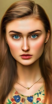 Portrait of a young woman with long hair and striking blue eyes, wearing floral attire, captured in a soft and artistic manner photo