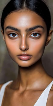 Model showcasing natural beauty with striking features in a soft-lit studio setting photo