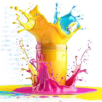 A vibrant splash of yellow and pink paint erupts from a jar, creating a captivating, colorful explosion against a white background. photo