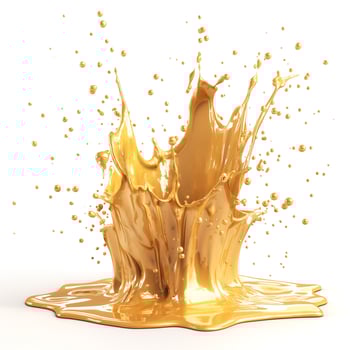 A vibrant splash of golden liquid, creating dynamic shapes and droplets against a clean white background. photo