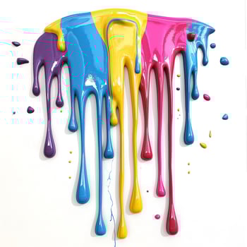 Vibrant drips of blue, pink, yellow, and purple paint cascading down a white surface, creating a colorful and artistic display. photo