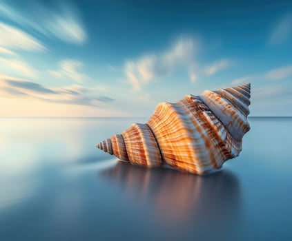 Shell rests on calm beach during sunset with gentle waves surrounding it photo
