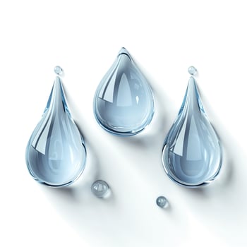 Three transparent water droplets on a white surface, capturing light beautifully. photo
