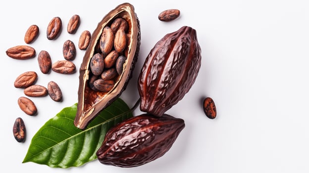 Ripe cocoa pods and beans isolated on white background photo