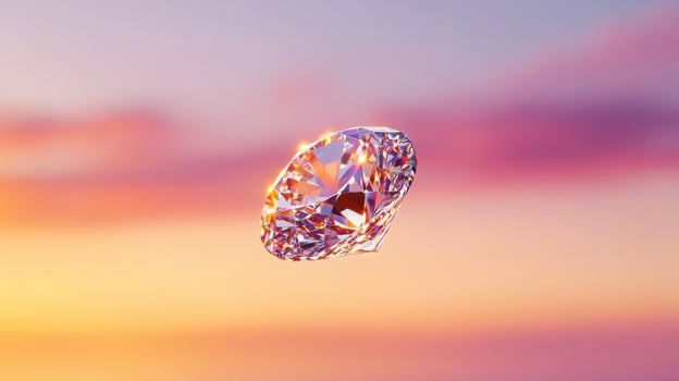 Shimmering diamond against vibrant sunset sky reflecting light and elegance photo