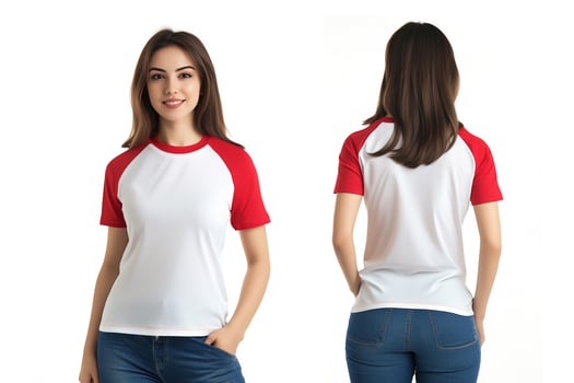 Front and Back of a Women's White and Red Baseball T-Shirt photo