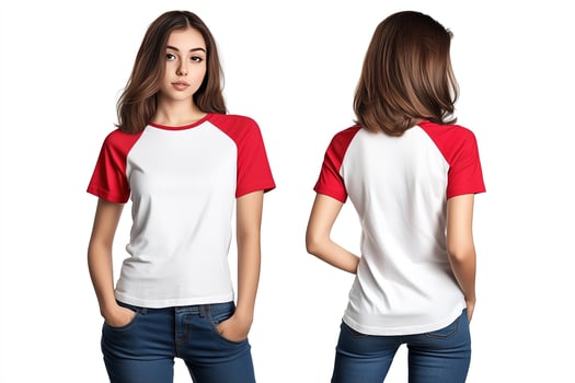 Female Model Showcasing a White and Red Short-Sleeve T-Shirt photo