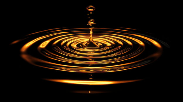 Golden water droplet creating ripples in dark liquid concept photography photo