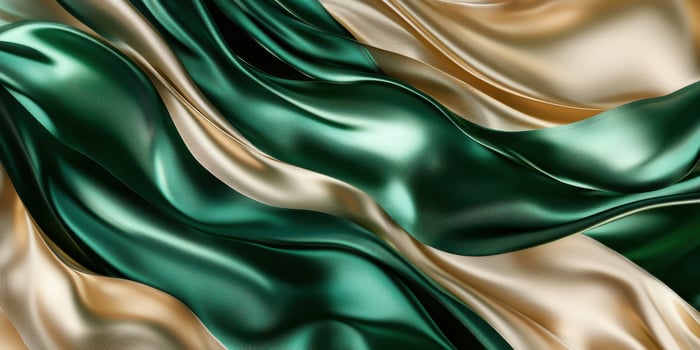 Luxurious green and gold silk fabric with flowing abstract waves texture concept photo