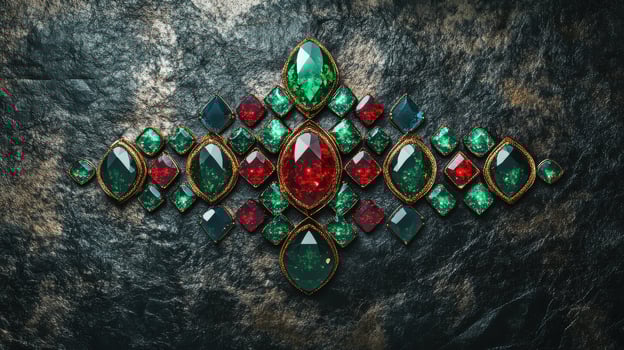 Intricate gemstone pattern with ruby and emerald on dark textured surface photo