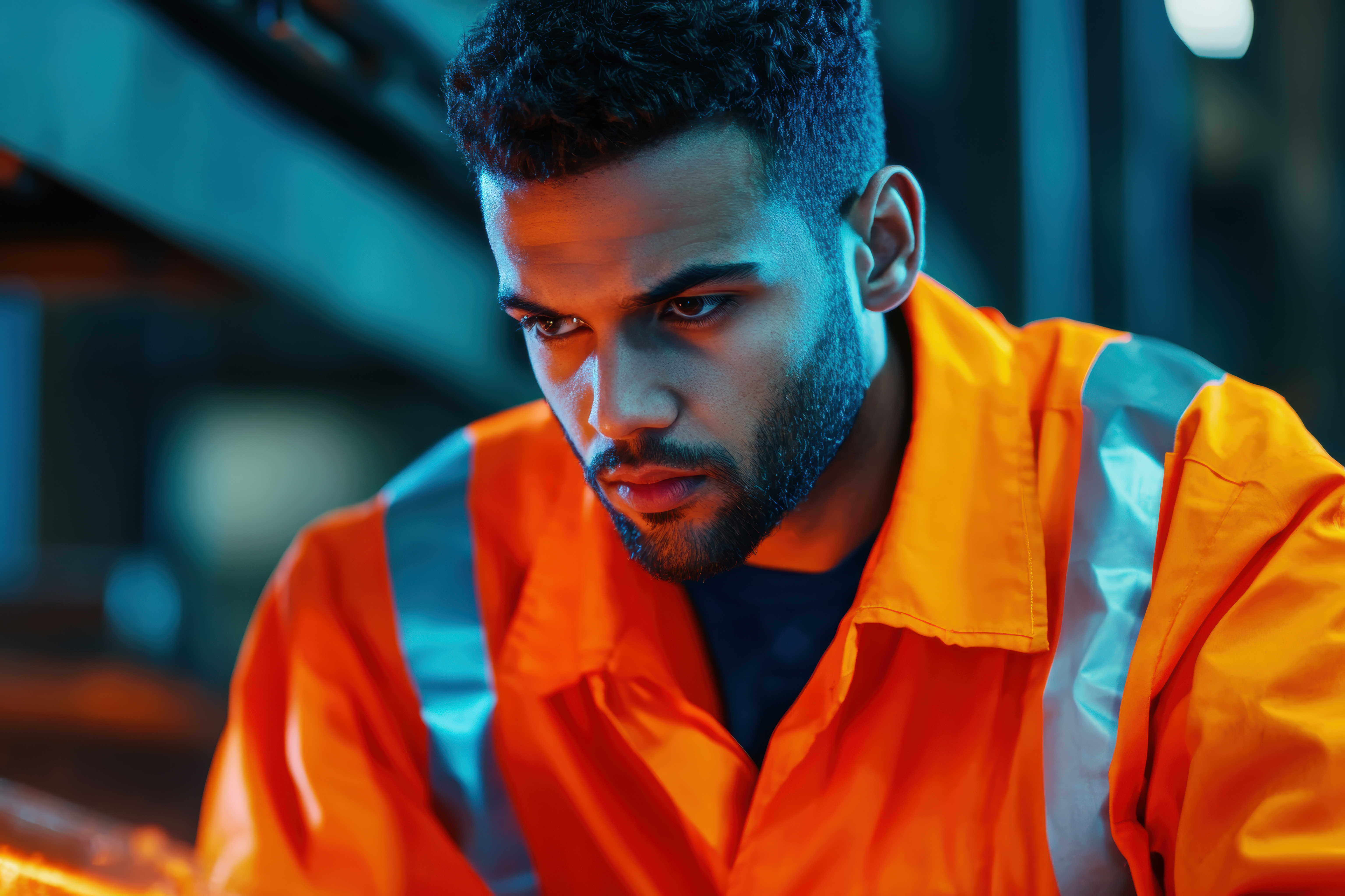 Focused Worker in High Visibility Safety Gear at Industrial Worksite photo