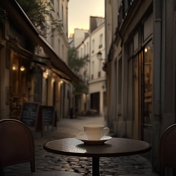 A delicate porcelain coffee cup rests on a small table in a serene European alley as dusk begins to settle in photo