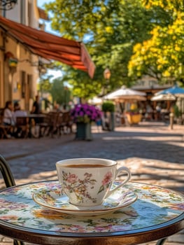 Enjoying a porcelain coffee cup on a sunny terrace in a charming outdoor cafe photo
