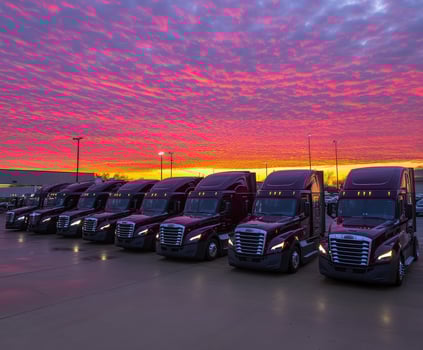 Sunset casts vibrant colors over a row of trucks in a parking lot at dusk photo