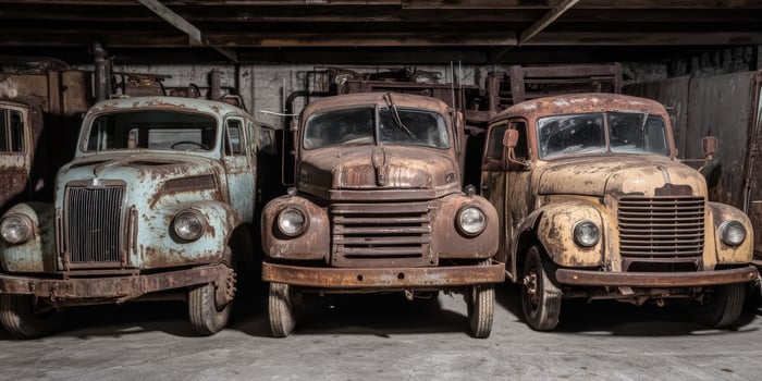 Vintage trucks lined up in an old garage showcasing wear and tear from years of storage and neglect photo