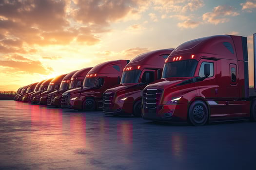 Row of red trucks parked under a colorful sunset near a transport hub in rural setting photo