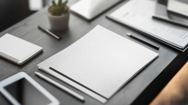 Recruiter reviewing resume on a desk with office supplies photo