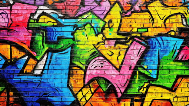 Vibrant graffiti art covering a brick wall in an urban setting photo