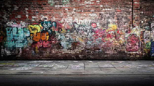 Vivid urban graffiti on a weathered brick wall in the city photo