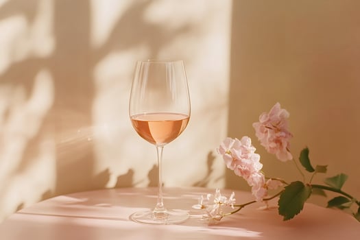 Glass of rose wine with pink flowers on table in sunlight photo