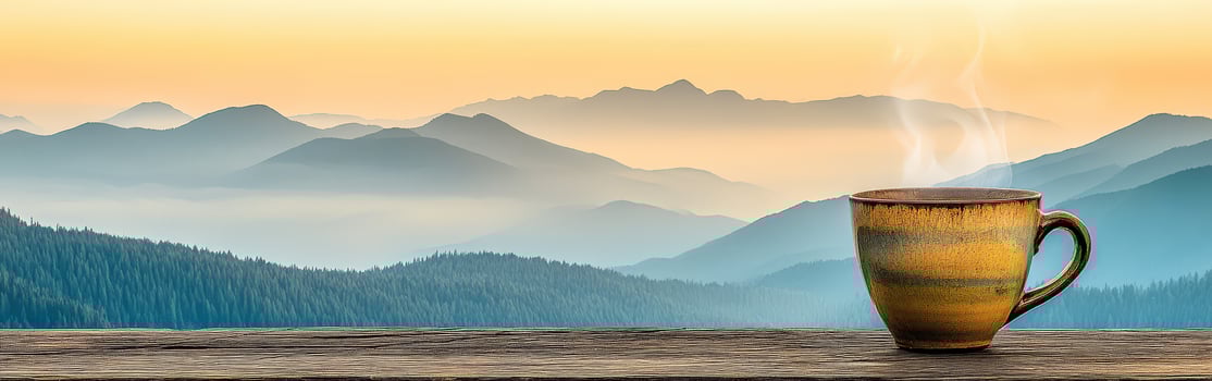 Steaming coffee against mountains photo