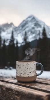 Steaming coffee in snowy mountains photo