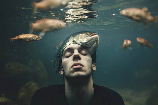Young man wearing fish on head underwater with closed eyes photo