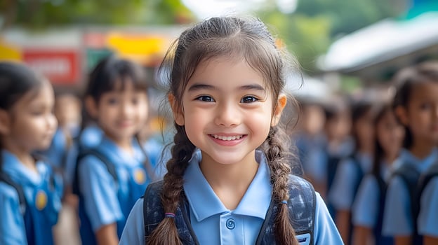 Children in school uniforms gathered in the playground excited for the first day of the new school semester photo