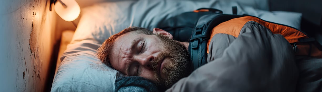 A man sleeps peacefully on a thin, creaky hostel bed, fully dressed with a rugged backpack nearby. Water-stained walls and a broken lamp create a serene, vintage atmosphere photo