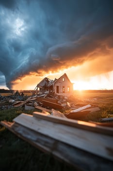 A massive tornado fades against a backdrop of golden sunset light, illuminating the wreckage of buildings and fallen trees, symbolizing strength and survival in the face of nature's fury photo