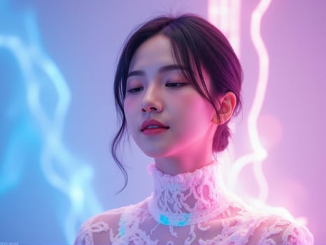 A woman in a white lace top and blue and pink lights photo