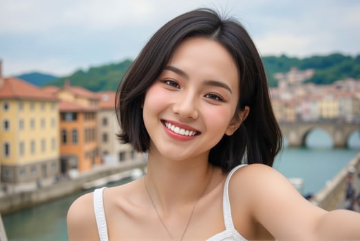 Beautiful asian woman smiling with a city view photo