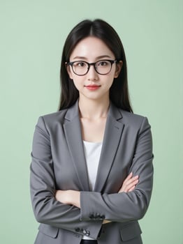Asian business woman with glasses standing with arms crossed photo