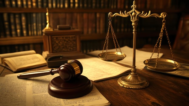 A gavel and scales of justice on a desk surrounded by legal books, symbolizing law and order. photo