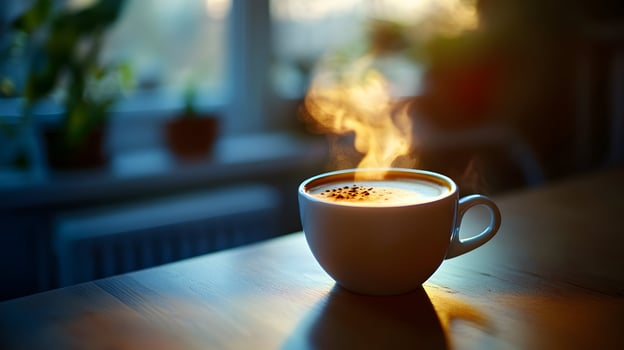 Invigorating Warm Drink Emanating Steam, A Cozy Scene of Relaxation and Morning Bliss photo