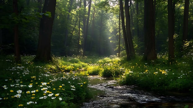 Serene Forest with White and Yellow Flowers A Peaceful and Vibrant Scene photo