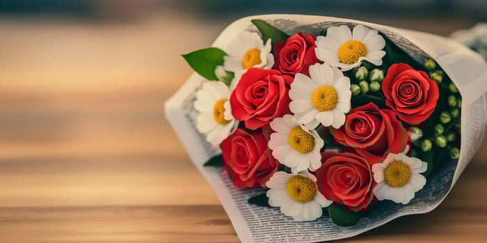 Bouquet of red roses and white daisies, wrapped in newspaper, on wooden table, with copy space photo