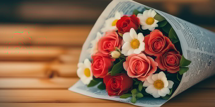Bouquet of colorful roses and white daisies, wrapped in newspaper, on wood table, with copy space photo
