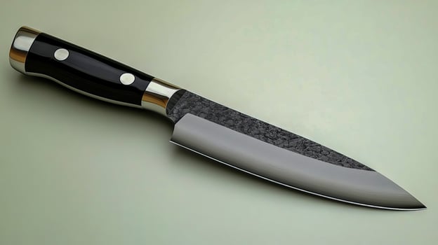 A sharp, classic stainless steel knife with a sleek black handle rests against a gray background photo