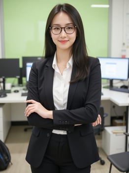 A woman in a business suit standing in front of a computer photo