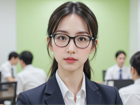 A woman wearing glasses in an office setting photo