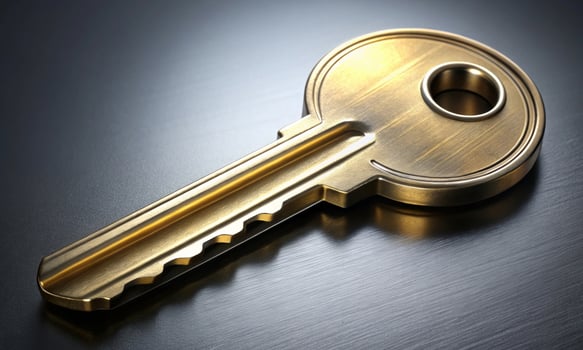 Close-up of a golden metal key lying on a dark gray surface photo
