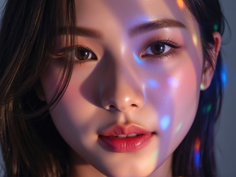 A woman with bright colored lights on her face photo