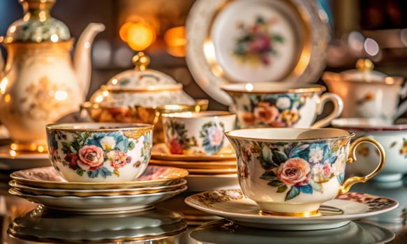 Beautiful porcelain tableware set with floral motifs on the table photo
