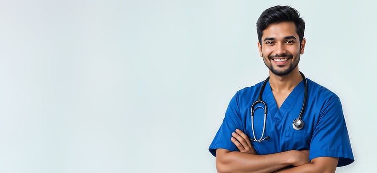 Portrait of smiling India male nurse with stethoscope in blue uniform standing with arms crossed on white background. healthcare, medical professional, physician, hospital, clinic, medical photo