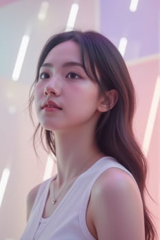 A woman with long hair and a white tank top photo