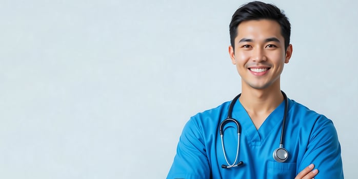 Portrait of smiling Asia male nurse with stethoscope in blue uniform standing with arms crossed on white background. healthcare, medical professional, physician, hospital, clinic, medical care. photo