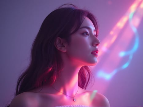 A woman with long hair and a pink light coming from behind her photo