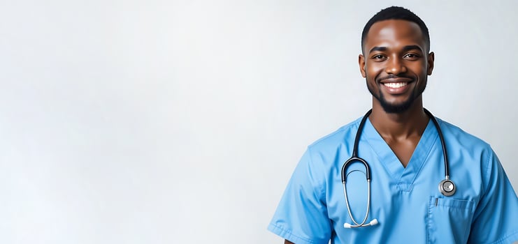 Portrait of smiling Africa male nurse with stethoscope in blue uniform standing on white background. healthcare, medical professional, physician, hospital, clinic, medical care. banner. copy space photo