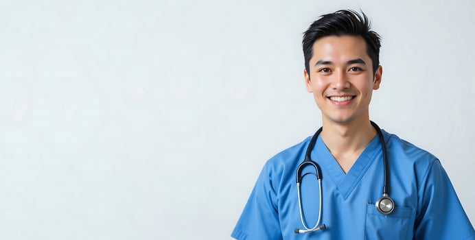 Portrait of smiling Asia male nurse with stethoscope in blue uniform standing on white background. healthcare, medical professional, physician, hospital, clinic, medical care. banner template design photo